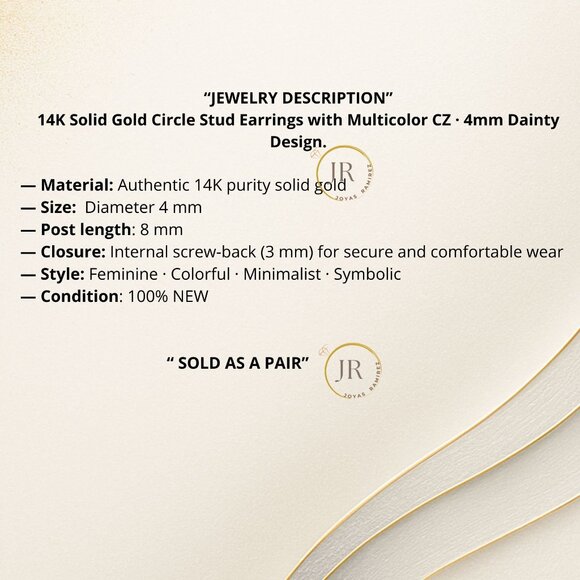 14K Solid Gold Circle Stud Earrings with Multicolor CZ · 4mm Dainty Design. - Picture 8 of 8